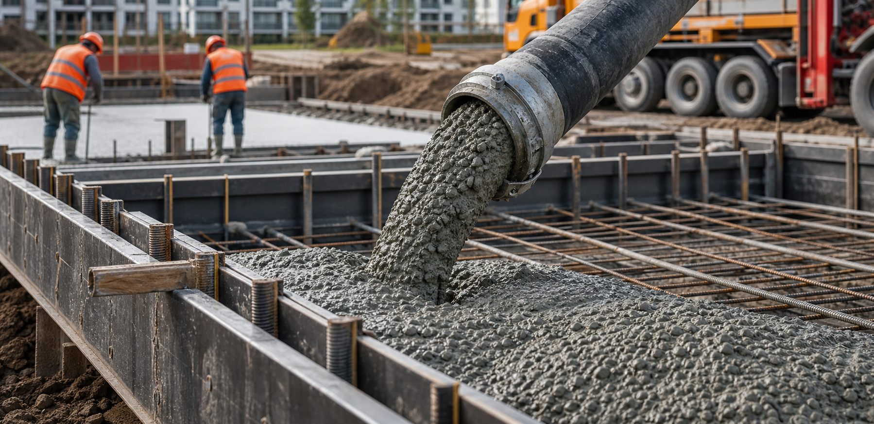 Beton proaspăt pompat într-o fundație armată